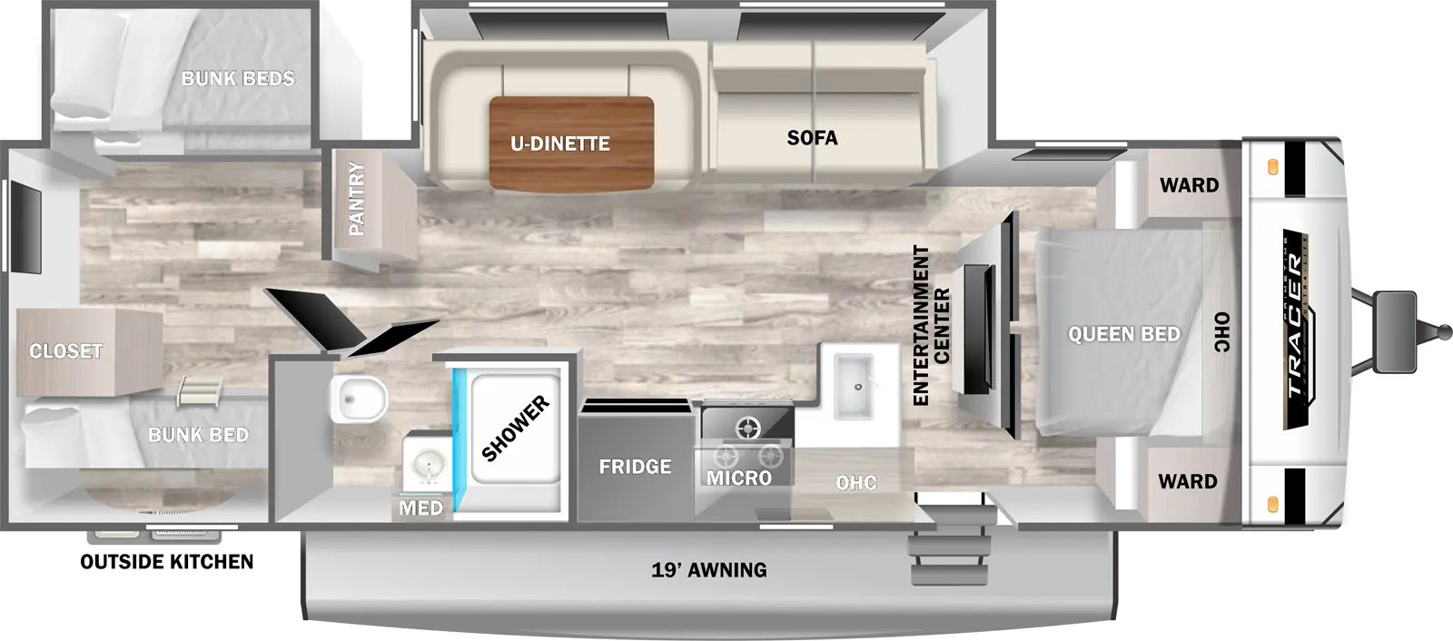 The 31BHD has two slideout and one entry. Exterior features an outside kitchen and 19 foot awning. Interior layout front to back: foot-facing queen bed with overhead cabinet and wardrobes on each side; entertainment center along island inner wall; off-door side slideout with sofa and u-dinette, and pantry; entry, peninsula kitchen counter with sink wraps to door side with overhead cabinet, microwave, cooktop, and refrigerator; door side full bathroom with medicine cabinet; rear bunk room with off-door side bunk bed slideout, and door side bunk beds and closet.